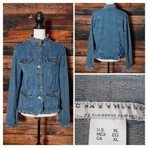 Crazy Horse Vintage Jean Jacket XL Ruffle Trim Mandarin Collar Denim Stretch